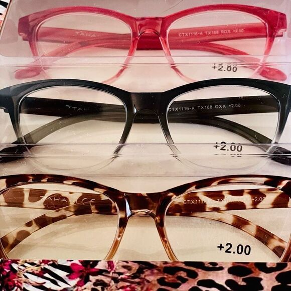 NWT 3 Pack 2.00 TAHARI Premium Eye Reading Glasses Black, Pink & Brown Animal Pr main image 6